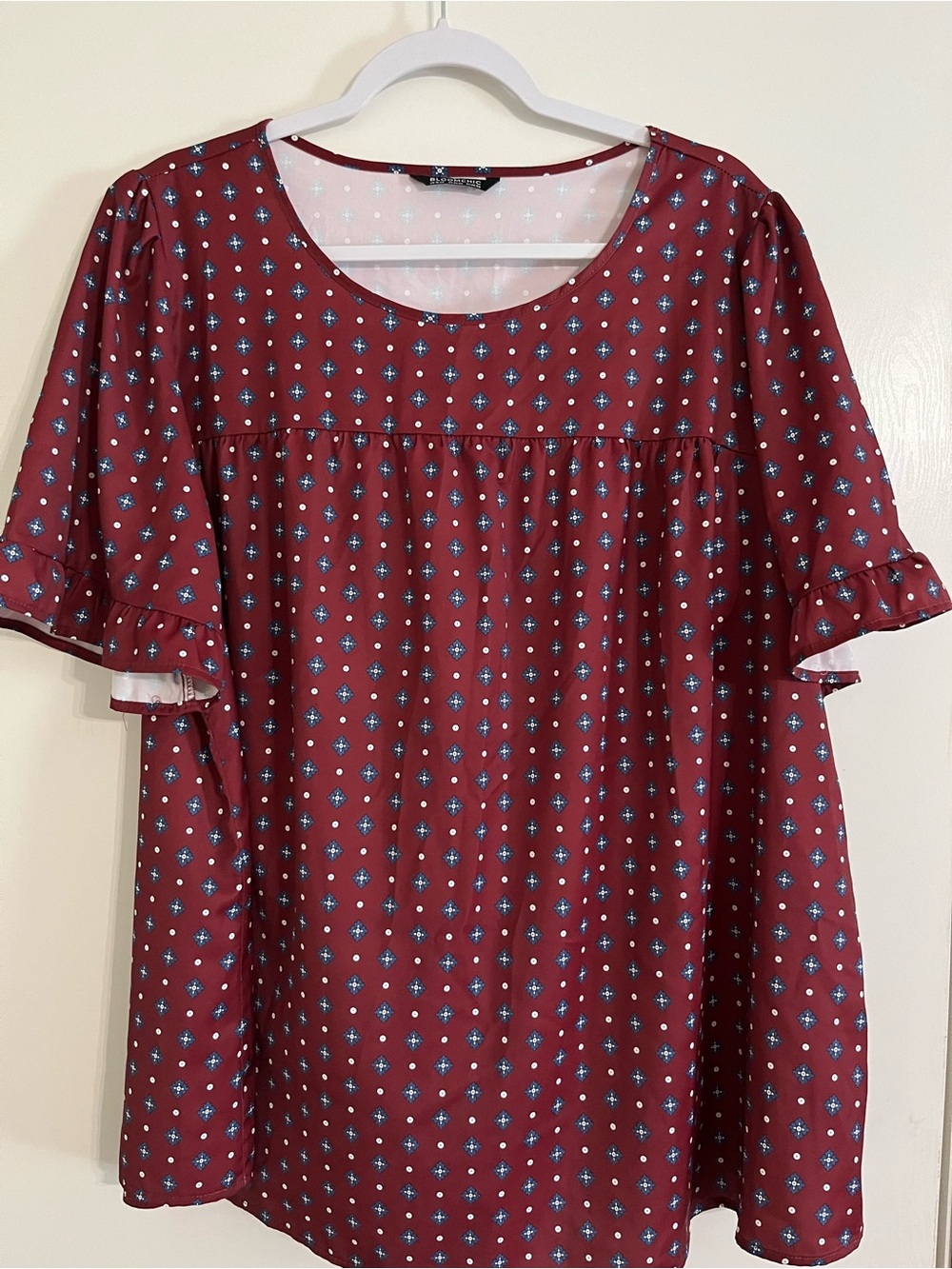 Women’s Plus Size Burgundy and Navy Printed Ruffle-Sleeve Top